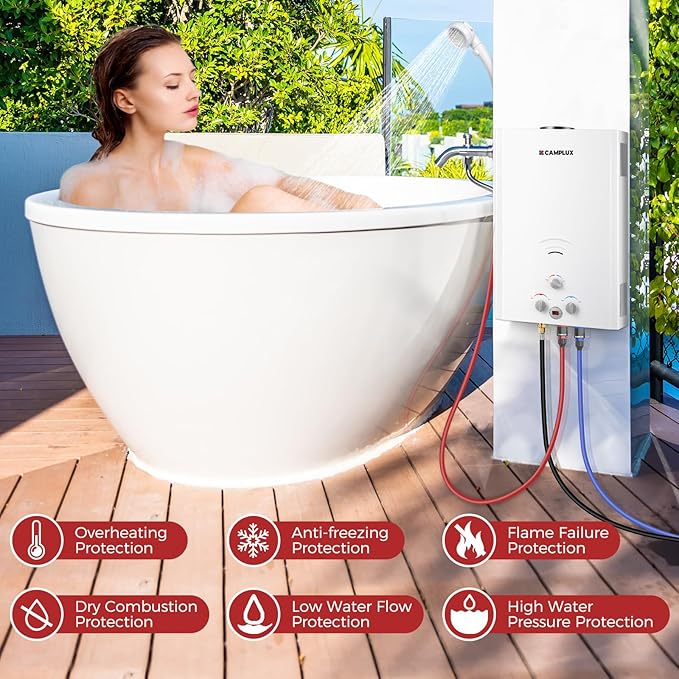 Camplux Tankless Water Heater 5.28 GPM Outdoor Propane Camping Gas Water Heater 20L BW528 White