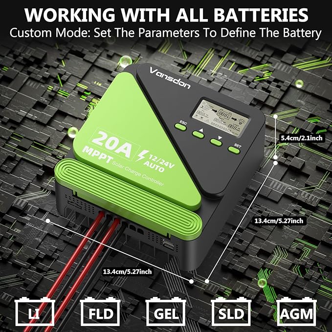 Vansdon 20A Solar Charge Controller 12V/24V MPPT Solar Charge Controller Adjustable LCD with Timer Dual USB Ports for RV Boat Cabin Off-Grid Systems Compatible with FLD/LiFePO4/SLD/GEL/AGM