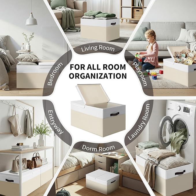 2 Pack EXTRA LARGE Blanket Storage Baskets with Lids 22”x16”x12” Closet Organizers Bins for Clothes Towel/ Toy Storage Box with Lid Handles/ Stackable Decorative Fabric Bins for Living Room Nursery