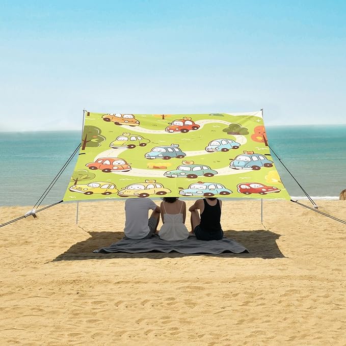 Cute Cartoon Cars Doodle Style Beach Canopy UPF50 Easy Setup Sun Shelter with Sand Pockets for Camping Picnics Backyard &amp Fishing