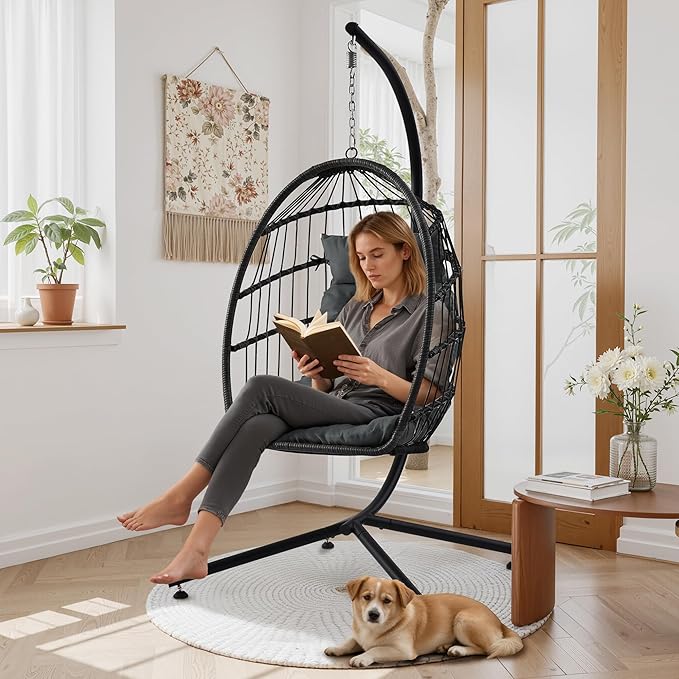 TITIMO Foldable Hanging Egg Chair with Stand Indoor/Outdoor Wicker Swinging Chair with Comfortable Cushion and Headrest Rattan Hammock Chair for Patio Bedroom Balcony Garden 350LBS Capacity