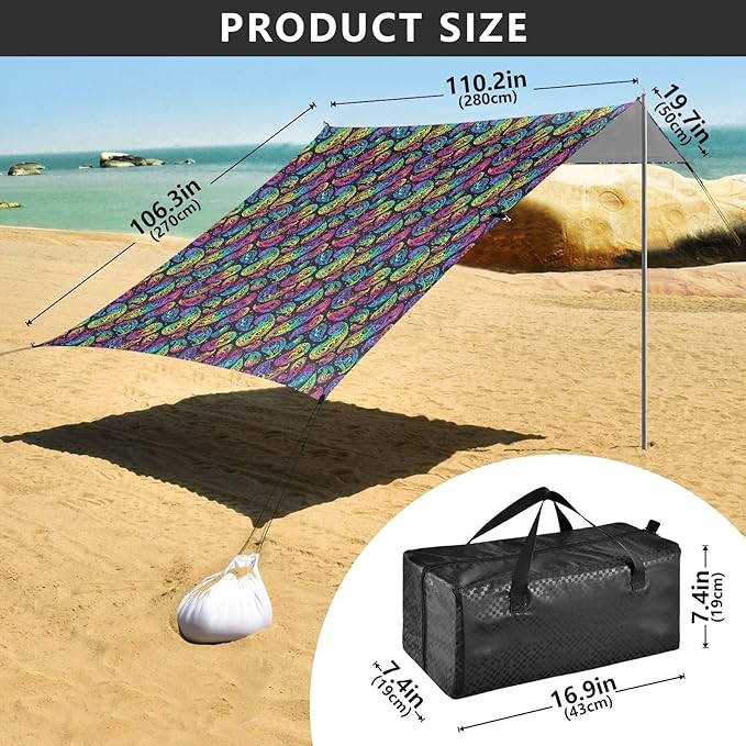 ALAZA Paisley Rainbow Color Beach Tent Sun Shelter UPF50+ Protection Beach Shade Canopy w/ 4 Sandbags for Outdoor Camping Fishing Backyard Fun Picnic 10x9 ft