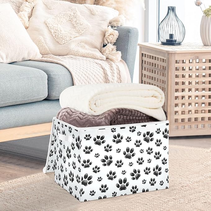 Dog Paw Lidded Home Storage Bins Closet Storage Bins Foldable Oxford Fabric Storage Box for Home Bedroom Closet Office (16.5x12.6x11.8 in)