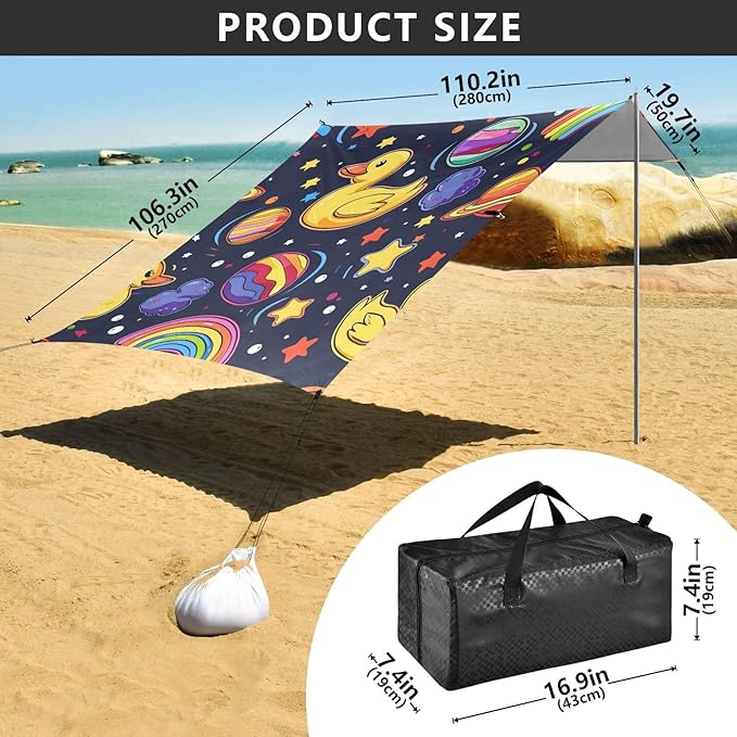 ALAZA Yellow Duck Rainbow Beach Tent Sun Shelter UPF50+ Protection Beach Shade Canopy w/ 4 Sandbags for Outdoor Camping Fishing Backyard Fun Picnic 10x9 ft