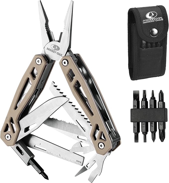 MOSSY OAK Multitool 22-in-1 Stainless Steel Pliers with Screwdriver Sleeve Desert Steel Handle Self-locking Knife with Sheath-Perfect for Outdoor Survival Camping Hiking Simple Repair