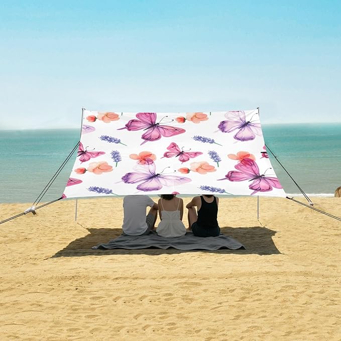 xigua Butterflies Beach Tent Sun Shelter with Carrying Bag - Silver Coated Oxford Fabric Beach Canopy for Beach Camping Fishing - Includes Windproof Ropes Sandbags &amp Stakes