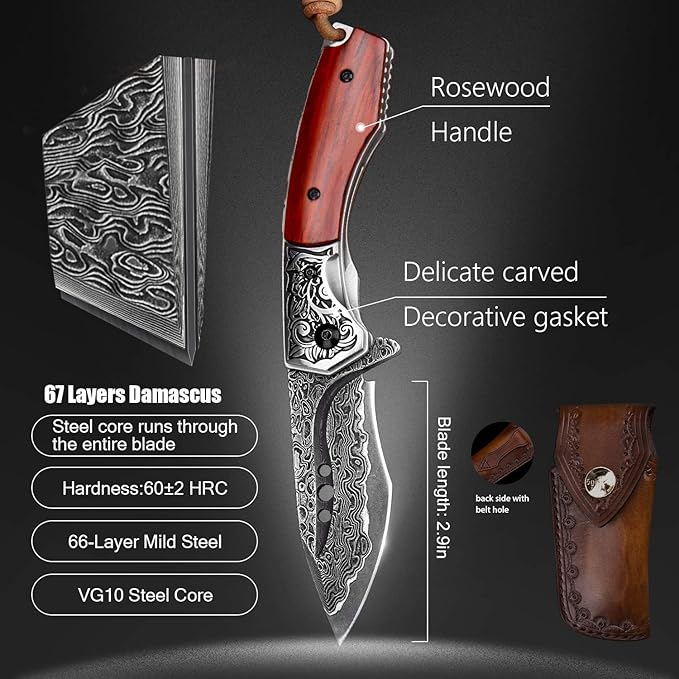 hand made damascus steel pocket knife 3.1 inch outdoor folding knife camping rosewood handle with leather case and inner lining