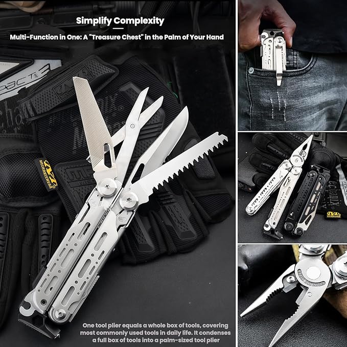 Multitool 15-in-1 Full-Size Lightweight EDC Multi-Purpose Pliers With Safety Locking Nylon Bag Tactical Gear Camping Knives &amp Tools 7CR17 BladeFlint striker Gift Ideas for Men (Black)