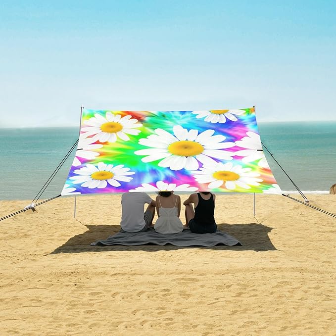 Beach Canopy with Windproof Ropes &amp Sandbags Beach Tent Sun Shade Sun Shelter for Camping Trips Fishing Backyard Fun or Picnics Daisy