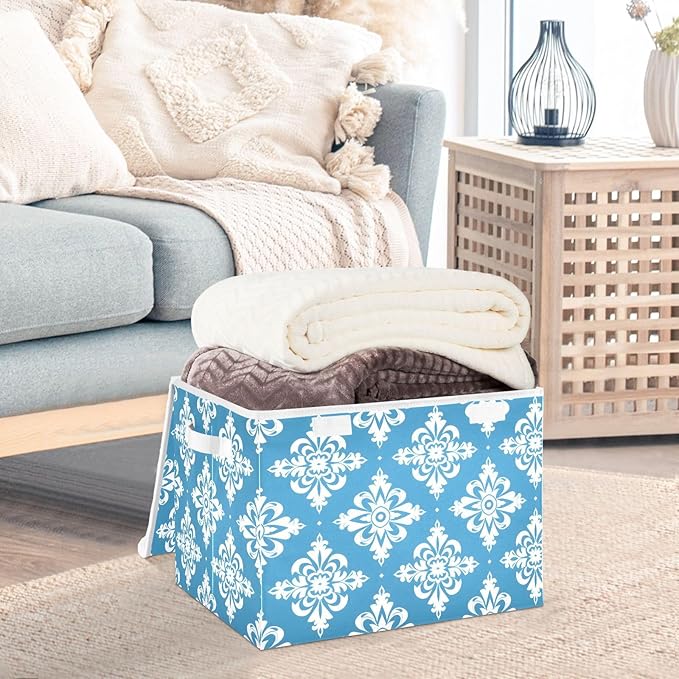 MNSRUU Containers Baskets with Lids Blue and White Floral Ornament Pattern Fabric Foldable Storage Bins Organizer with Lid Collapsible Storage Boxes for Home Bedroom Closet Office