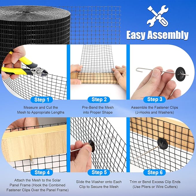6in X 100ft Solar Panel Bird Guard - 1/2 Black PVC Mesh Galvanized Rust-Resistant Net Critter Guard for Solar Panels with 70 Fastener Clips Gloves Cutting Pliers