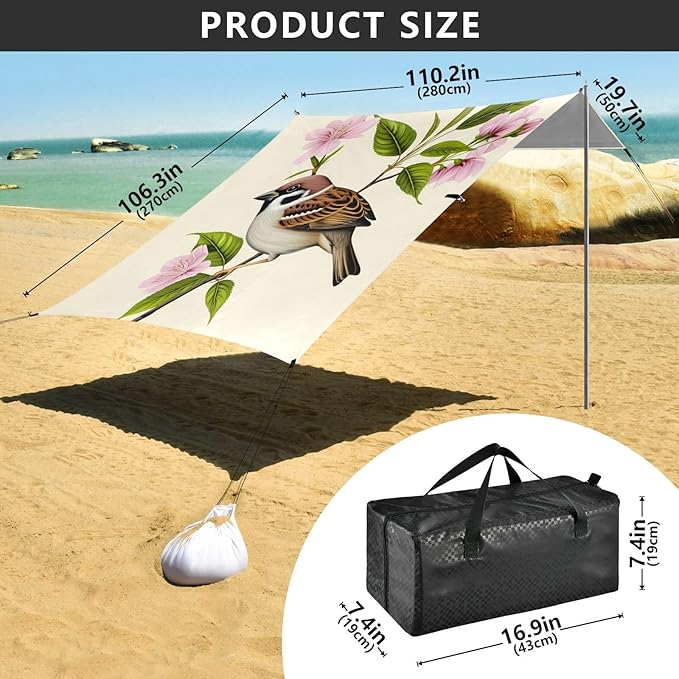 xigua Bird Beach Tent Sun Shelter with Carrying Bag - Silver Coated Oxford Fabric Beach Canopy for Beach Camping Fishing - Includes Windproof Ropes Sandbags &amp Stakes