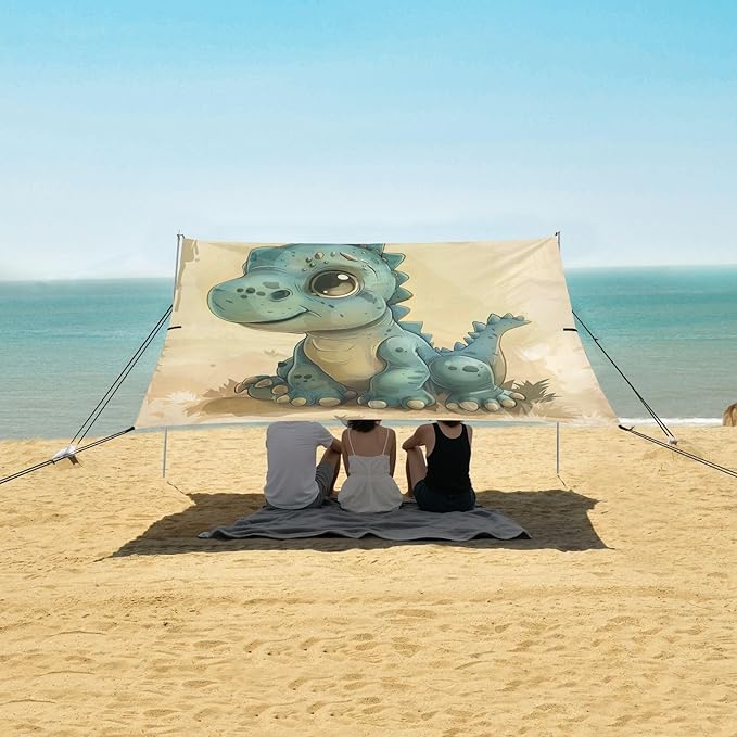ALAZA Dino Cute Dinosaur Beach Tent Sun Shelter UPF50+ Protection Beach Shade Canopy w/ 4 Sandbags for Outdoor Camping Fishing Backyard Fun Picnic 10x9 ft