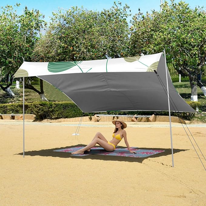 xigua Eucalyptus Leaves Beach Tent Sun Shelter with Carrying Bag - Silver Coated Oxford Fabric Beach Canopy for Beach Camping Fishing - Includes Windproof Ropes Sandbags &amp Stakes