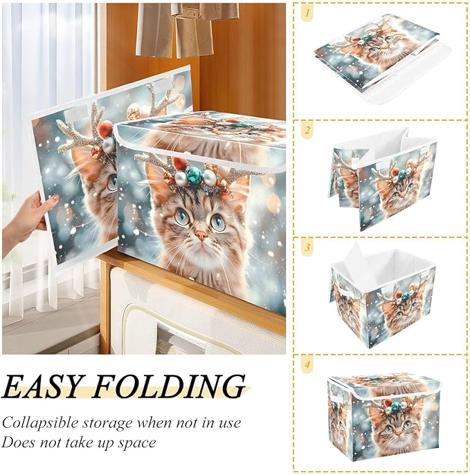 AIXIWAWA Lidded Storage Cube (Cat Christmas) Fabric Foldable Closet Bins with Flip Lid and Handles Organizer Basket Container 16.5 x 12.6 x 11.8 IN