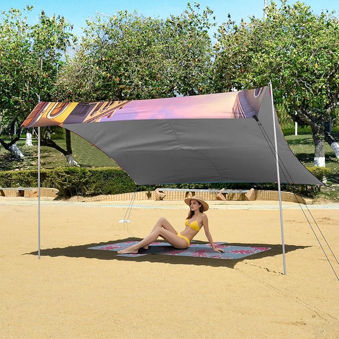 Beach Canopy with Windproof Ropes &amp Sandbags Beach Tent Sun Shade Sun Shelter for Camping Trips Fishing Backyard Fun or Picnics Venice Pattern