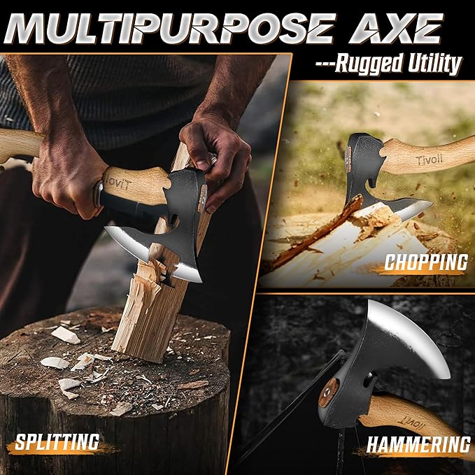 Tivoli Camping Hatchet Axe with Sheath – 16.5 High Carbon Steel Axe with Beech Wood Handle – Bushcraft Hatchet &amp Wood Splitting Axes for Gardening Carving Outdoor Adventures – Gift for Men