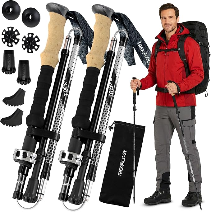Trekology TREK-Z Collapsible Hiking &amp Trekking Poles - Choose the Perfect Size - 100–120cm (for Height 4’11 to 5’10) - 115–135cm (for Height: 5’5” to 6’5”)