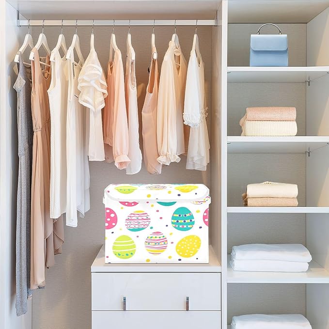 Storage Baskets with Lids Colorful Easter Eggs Collapsible Bins Stackable Fabric Linen Baskets Closet Organizer Container 16.5x12.6x11.8