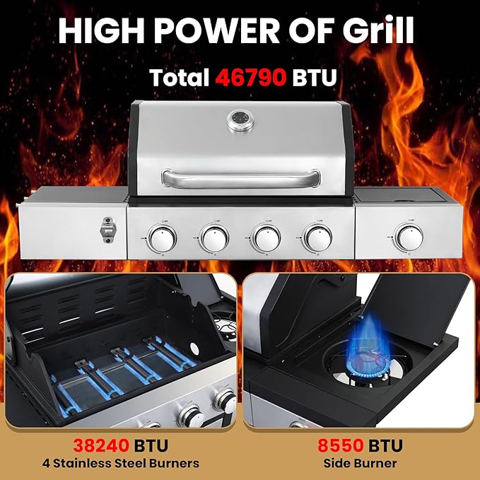 4 Burner Propane Gas Grill with Side Burner &amp Porcelain-Enameled Cast Iron Grates &amp Grids 46790BTU Output Stainless Steel BBQ Grill for Outdoor Cooking Camping Barbecue Grill for Patio