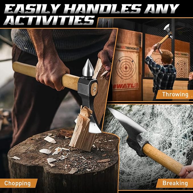 Freelander Throwing Axe with Oak Handle High Carbon Steel Blade and Metal Wedge Outdoor Hatchet with Spike Hammer Back for Camping Chopping and Throwing for Men Women