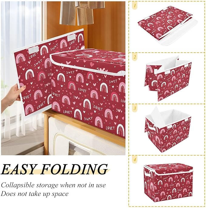 Valentine Hearts Rainbows Red Storage Box with Lid 1 PC Foldable Storage Bin with Lids Stackable Storage Bins Cube Closet Organizer Basket with Flip-Top Lid &amp Handles for Shoes Books Towels
