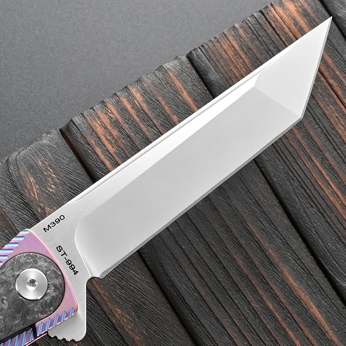 Sitivien ST994 Folding Knife Handmade M390 Brushed Steel Blade Titanium Carbon Fiber Handle with Ball Bearing for Outdoor Camping Hiking Survival (Pink)