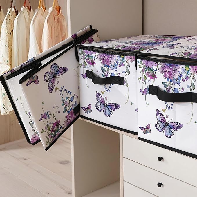 Stackable Clothes Storage Bins with LidsCloset Organizers Fabric Box for Home and OfficeBlanket Clothes OrganizersUnder Bed Storage Containers 3 Pack.