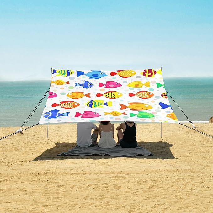Beach Canopy with Windproof Ropes &amp Sandbags Beach Tent Sun Shade Sun Shelter for Camping Trips Fishing Backyard Fun or Picnics Fish
