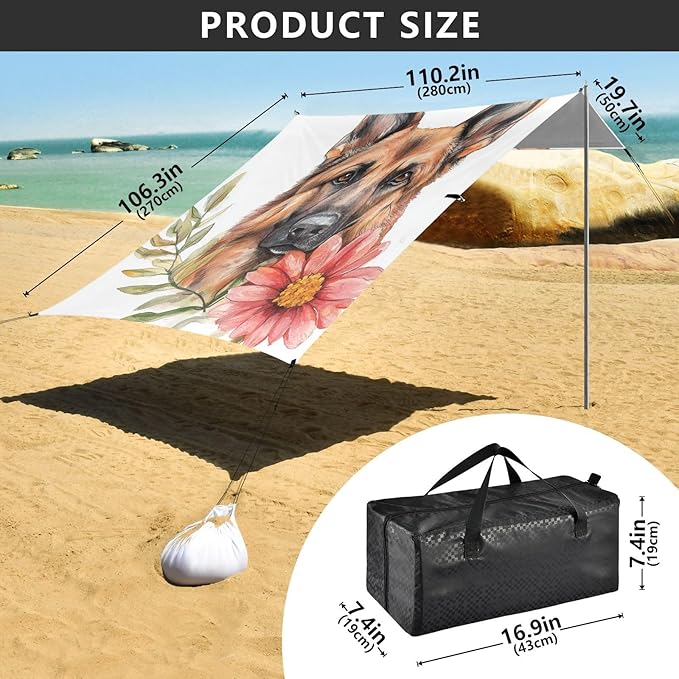 ALAZA Watercolor German Shepherd Dog and Flower Beach Tent Sun Shelter Portable Canopy Sunshade for Outdoor Camping Picnics Backyard Fun 10x9 ft