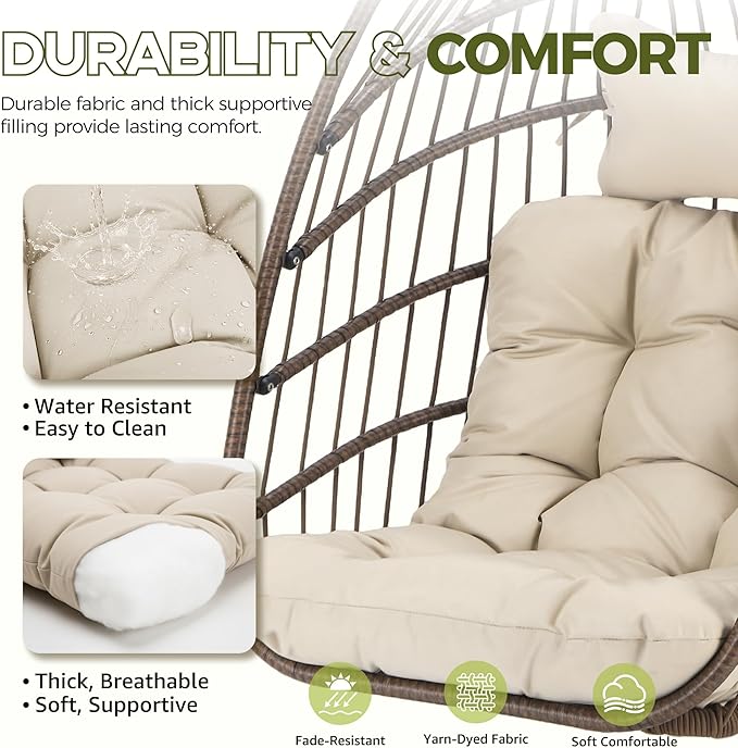 RADIATA Wicker Egg Swing Chair with Stand for Outside Outdoor Comfy Hanging Egg Patio Chairs with Thick Cushion 350Lbs Durable Swinging Rattan Chair for Bedroom Porch Backyard Balcony Brown Tan