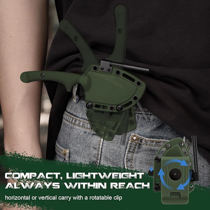 EDC Fixed Blade Knife Horizontal Carry Knife with Sheath Fire Starter HO-YN Rotating Clip Multi-Tools Gut-hook Blade