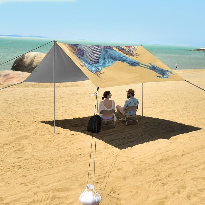 ALAZA Skull Rock Beach Tent Sun Shelter UPF50+ Protection Beach Shade Canopy w/ 4 Sandbags for Outdoor Camping Fishing Backyard Fun Picnic 10x9 ft