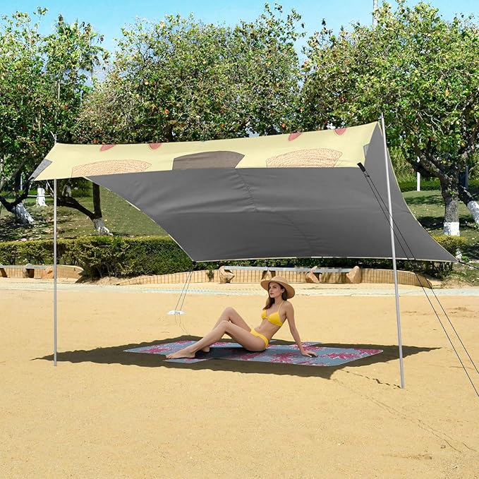 Beach Canopy with Windproof Ropes &amp Sandbags Beach Tent Sun Shade Sun Shelter for Camping Trips Fishing Backyard Fun or Picnics Cat