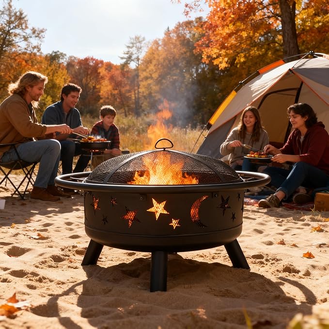 32 Round Wood Burning Fire Pit with Mesh Cover Fire Poker Star &amp Moon Cutouts Metal Outdoor Firepit for Patio Backyard Garden Bonfire Camping Christmas Thanksgiving Halloween