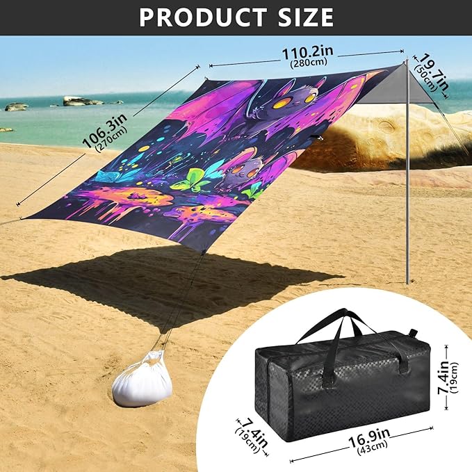 Cute Bats1 Beach Cabana UPF50+ Waterproof Shade Sun Shelter with Sandbags &amp Sand Shovel for Camping Picnics Backyard &amp Fishing