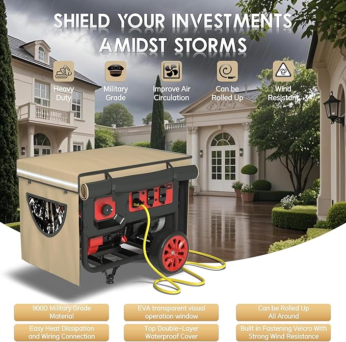2025 Upgrade Generator Covers While Running 900D+210D Double Layer Production Heavy Duty Dustproof and Waterproof Generator Covers for 5000W-10000W Frame Generators khaki with Storage Bag