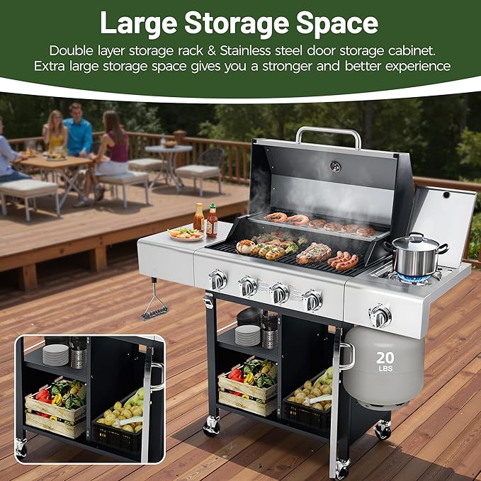 HUGROVE Propane Gas BBQ Grill with Side Burner &amp Wheels 50000 BTU Output Stainless Steel Barbecue Grill for Backyard &amp Outdoor Cooking Easy to Assemble (Silver)