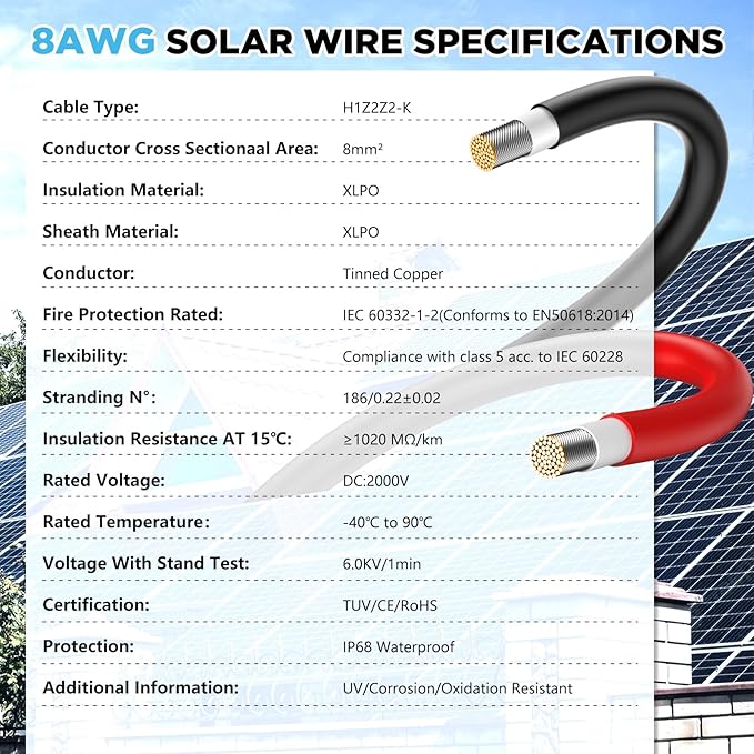 2x100Feet Solar Wire 8AWG Solar Panel Extension Cable 8 Gauge Wire Tinned Copper PV Cables for Outdoor Boat RV Camping Solar Panels Inverter Off-Grid and Photovoltaic Systems