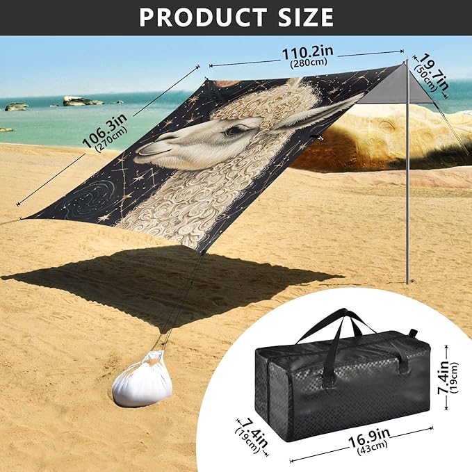 ALAZA Curly Hair Llama Space on Constellation Star Beach Tent Sun Shelter Portable Canopy Sunshade for Outdoor Camping Picnics Backyard Fun 10x9 ft