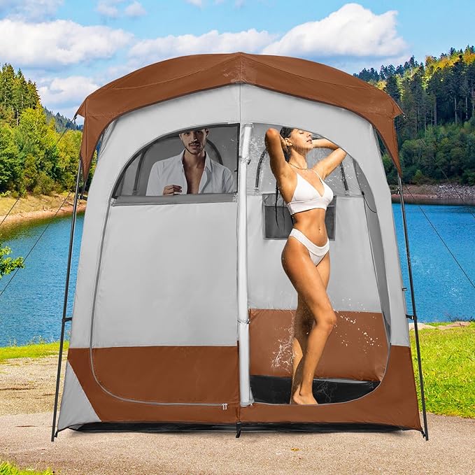 Tangkula Double Room Shower Tent Oversize Space Privacy Tent with Floor Removable Rain Fly Inside Pocket Clothesline Top Hook Portable Outdoor Changing Tent for Dressing Camping Toilet