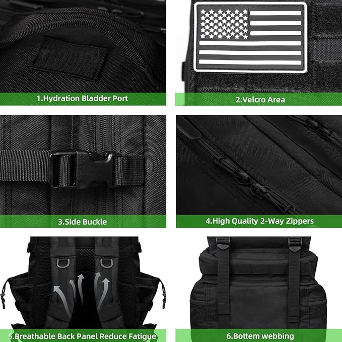 Military Tactical Backpack 55L for Men &amp Women Bug Out Bag Assault pack Molle Daypack Hiking Trekking Rucksack (Black)