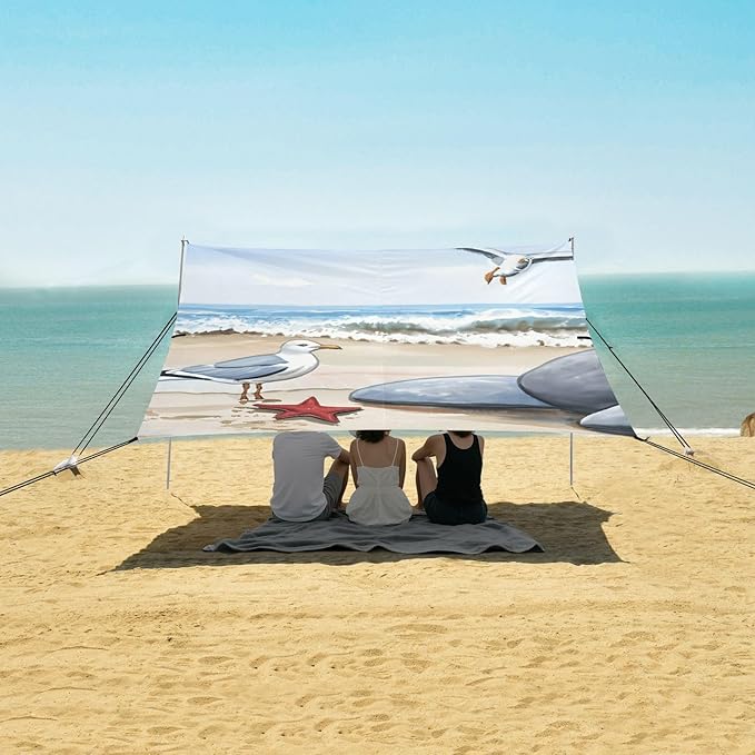Beach Canopy with Windproof Ropes &amp Sandbags Beach Tent Sun Shade Sun Shelter for Camping Trips Fishing Backyard Fun or Picnics Seagull