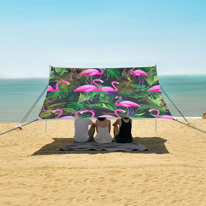 Flamingos Beach Canopy Sun Shelter with Sandbags &amp Sand Shovel &amp Windproof Ropes - Portable 110x126 Beach Shade Beach Tent for Camping Picnics