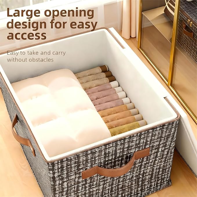 3 Pack 44.3 Quart Fabric Storage Bins with Lid 17.7x13.8x10.2 in Stackable Closet Organizer Baskets Foldable Polyester Cube Storage with Handles Decorative Organizer Boxes for Shelves Grey