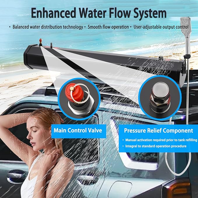 Portable Roof Rack Shower System - Pressurized Water Tank with Adjustable Shower Head &amp Hose - Off-Road Camping Shower for SUV Truck RV &amp Outdoor Adventures