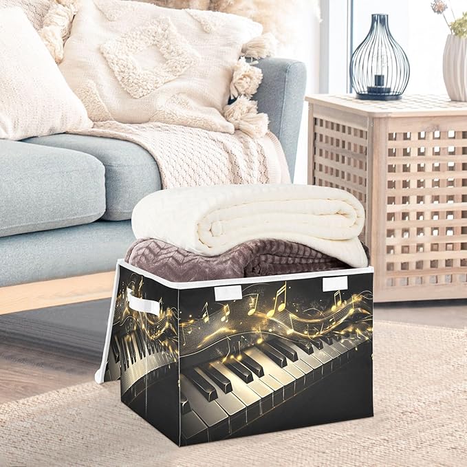 Foldable Storage Bin Basket with Lid - Piano Keys Music Notes Gold Large Collapsible Storage Box Organizer for Home Office &amp Books Clothes Storage 16.5x12.6x11.8