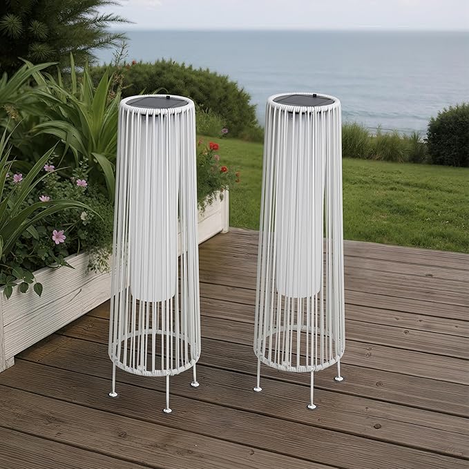 Grand patio Outdoor Floor Solar Light 2-Pack Wicker Solar Patio Lamp Waterproof Outside Deck Lamp for Porch Yard Garden Lawn Decorations - White Gordes 2 PCS