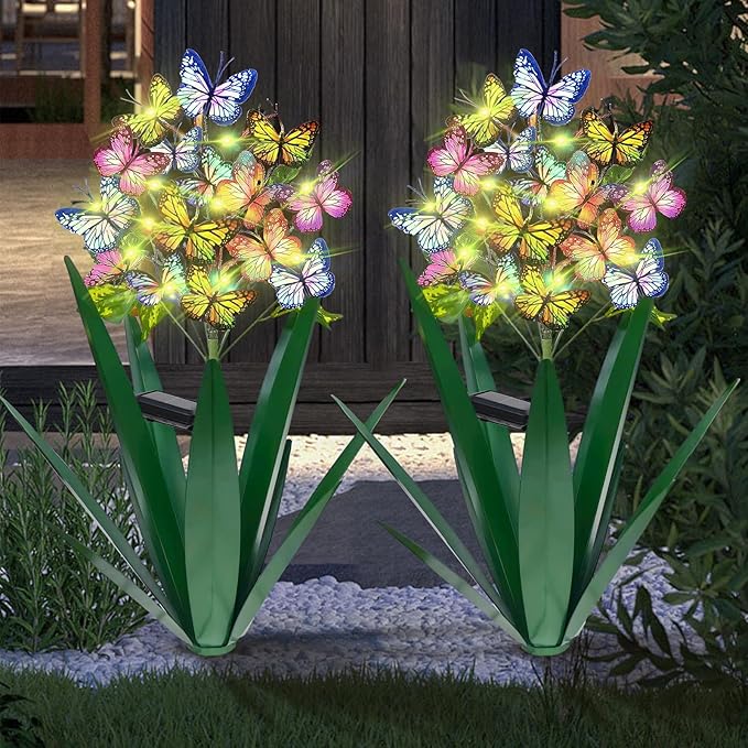 Homight Solar Metal Agave Butterfly Flower Stick Garden Sculpture - Outdoor Gift Christmas Lights Swaying Butterfly Sunflower Lights - Solar Outdoor (2 pcs Green)