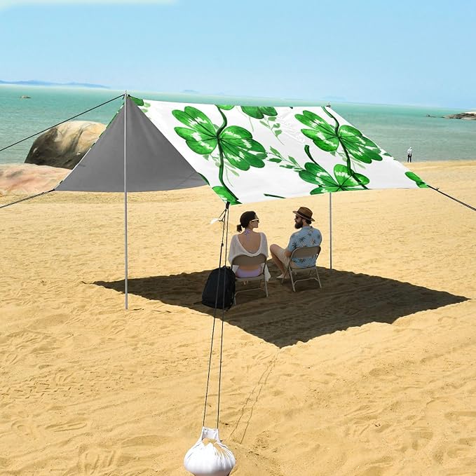 Beach Canopy with Windproof Ropes &amp Sandbags Beach Tent Sun Shade Sun Shelter for Camping Trips Fishing Backyard Fun or Picnics St. Patrick's Day Clover
